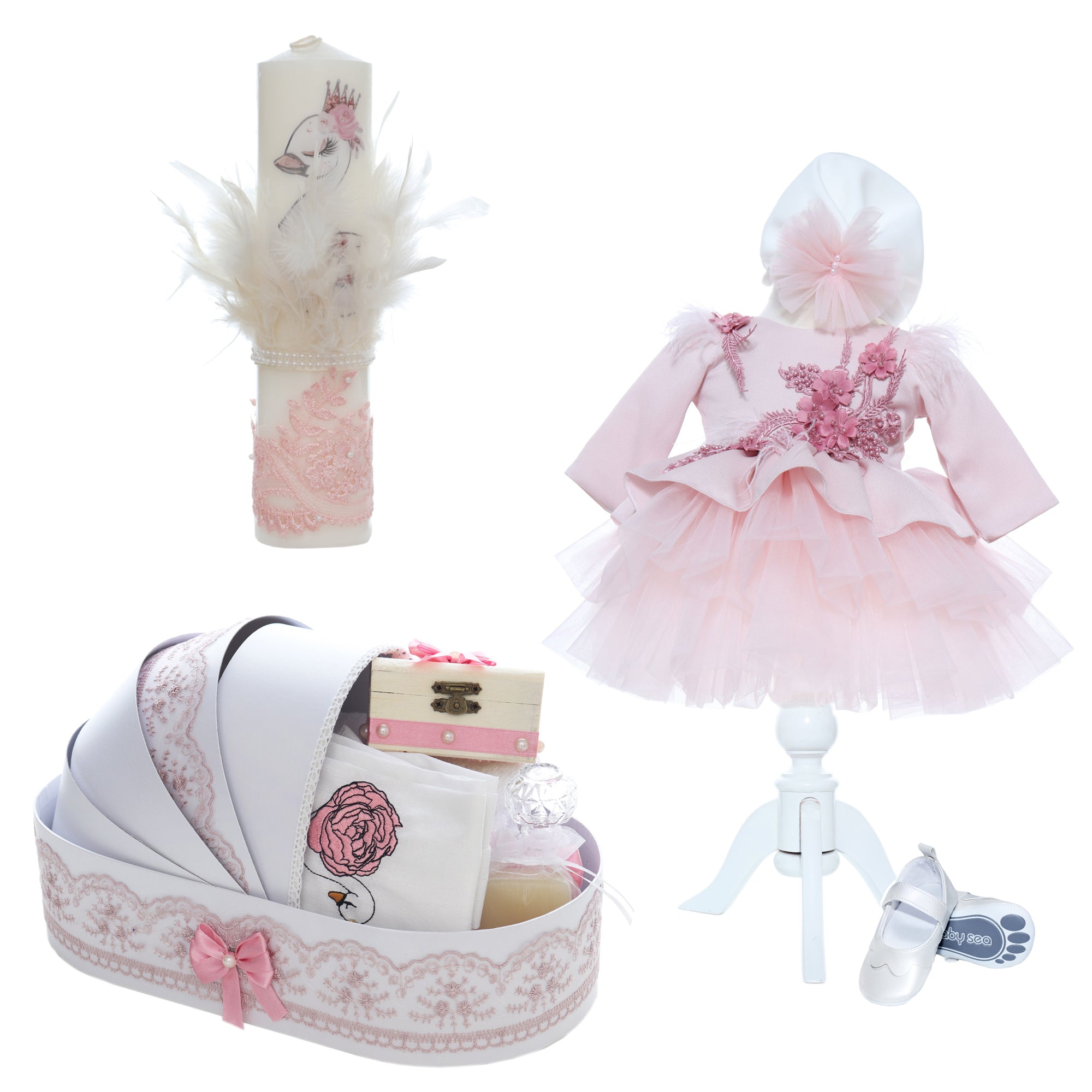 Set botez fete, trusou complet echipat, lumanare, rochie, pantofiori, model Lebada Anays, roz pudrat, REC3131