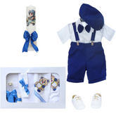 Trusou complet pentru botez de baieti personalizat cu ursulet, costum cu maneca scurta, pantofiori, lumanare si trusou, albastru electric, 13 piese, Recostore®, REC2731