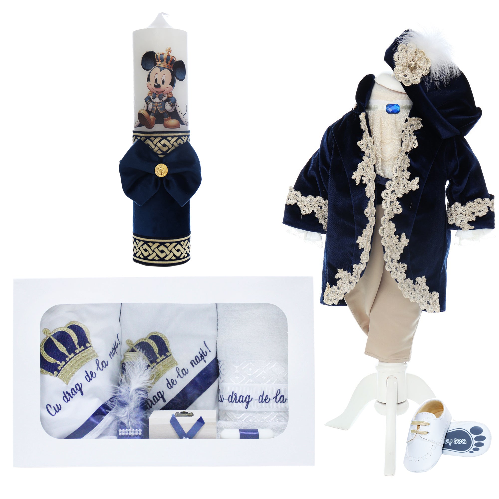 Trusou botez baieti, complet echipat, model Printisor Vladimir, Bleumarin, REC3121