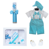 Trusou complet pentru botez de baieti personalizat cu Strumfi, costum cu maneca scurta, pantofiori, lumanare si trusou, turcoaz, 12 piese, Recostore®, REC2722