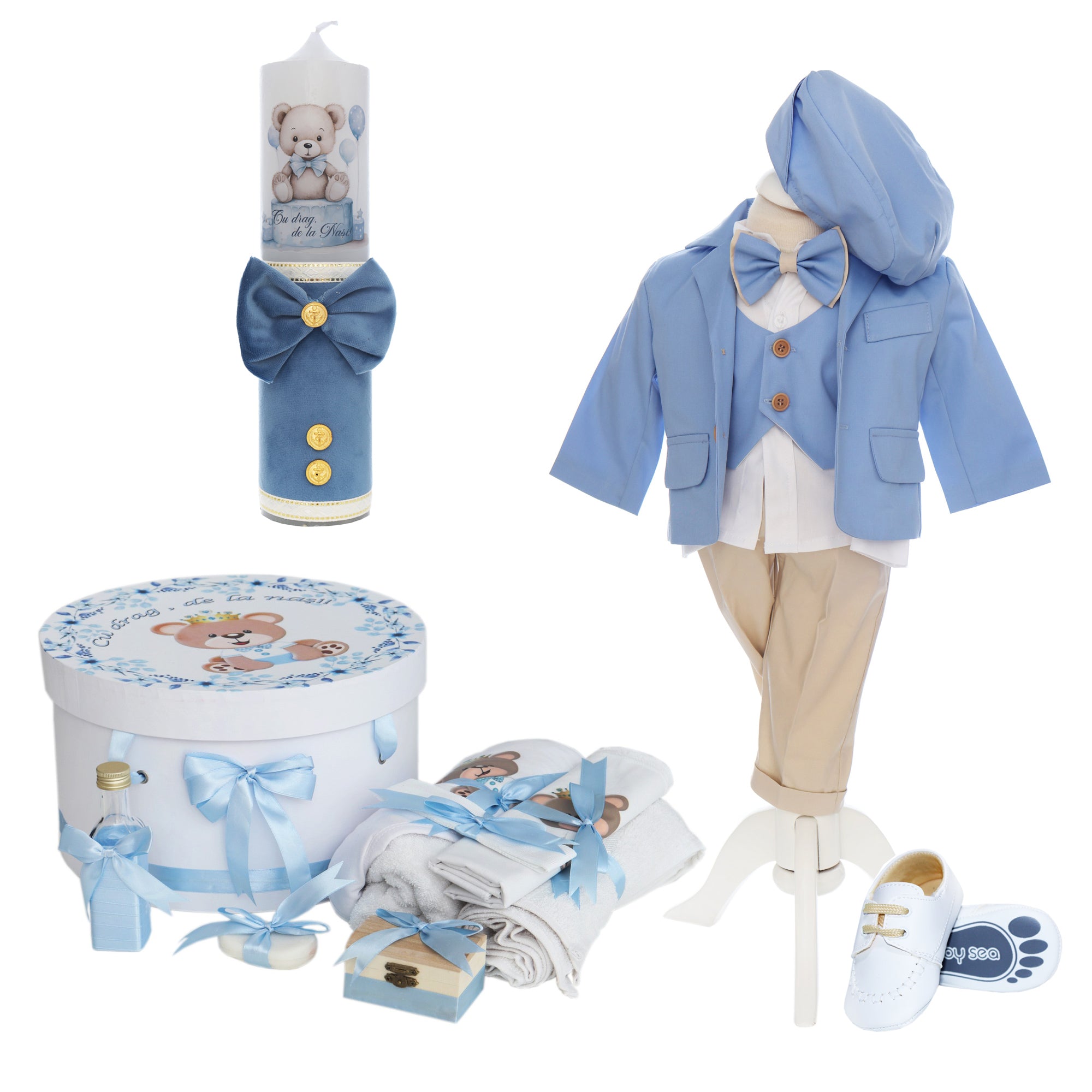 Trusou botez baieti, complet echipat, model Ursulet Erik, Bleu, REC3119