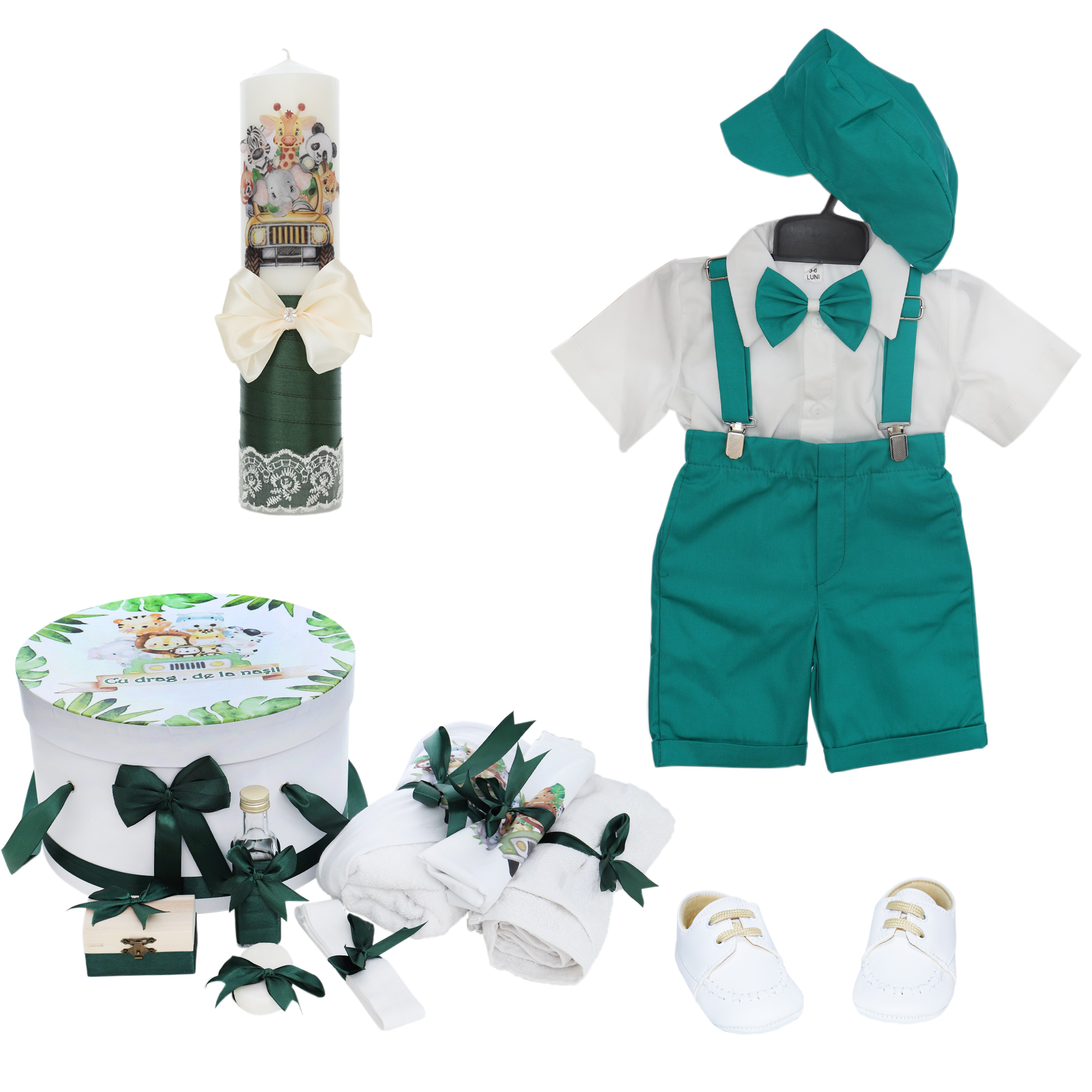 Trusou complet pentru botez de baieti personalizat cu Safari, costum cu maneca scurta, pantofiori, lumanare si trusou, verde, 14 piese, Recostore®, REC2714