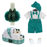Trusou complet pentru botez de baieti, costum cu maneca scurta, pantofiori, lumanare si trusou, verde, 14 piese, Recostore®, REC2718