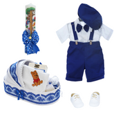 Trusou complet pentru botez de baieti personalizat cu Winnie The Pooh, costum cu maneca scurta, pantofiori, lumanare si trusou, Albastru electric, 14 piese, Recostore®, REC2729