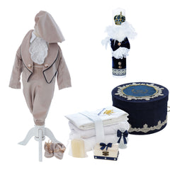 Trusou botez baieti, model coroana, culoare crem-bleumarin, costum print, trusou si lumanare, REC3178