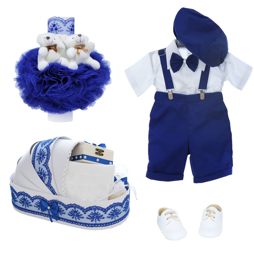 Trusou complet pentru botez, costum cu maneca scurta, pantofiori, lumanare si trusou, albastru electric, 14 piese, Recostore®, REC2725