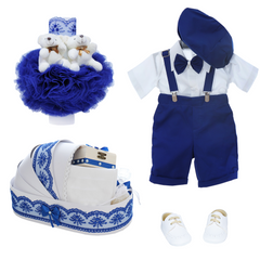 Trusou complet pentru botez, costum cu maneca scurta, pantofiori, lumanare si trusou, albastru electric, 14 piese, Recostore®, REC2725