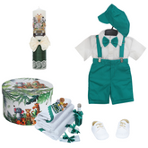 Trusou complet pentru botez de baieti personalizat cu Safari, costum cu maneca scurta, pantofiori, lumanare si trusou, verde, 14 piese, Recostore®, REC2717
