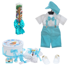 Trusou complet pentru botez de baieti personalizat cu Winnie The Pooh, costum cu maneca scurta, pantofiori, lumanare si trusou, turcoaz, 14 piese, Recostore®, REC2721 Media 1 of 9