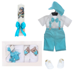Trusou complet pentru botez de baieti personalizat cu ursulet, costum cu maneca scurta, pantofiori, lumanare si trusou, turcoaz, 13 piese, Recostore®, REC2726