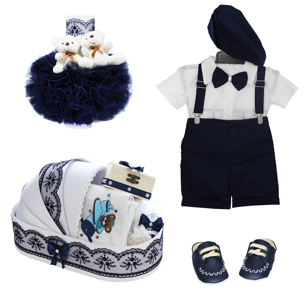 Trusou complet pentru botez de baieti personalizat cu ursulet, costum cu maneca scurta, pantofiori, lumanare si trusou, bleumarin, 14 piese, Recostore®, REC2727