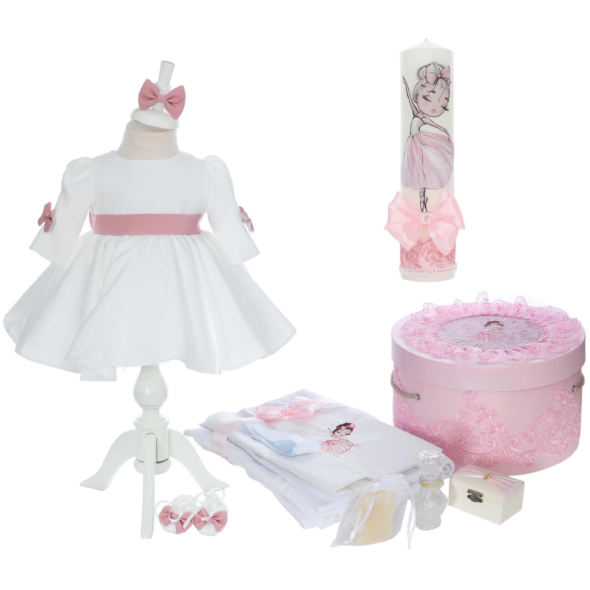 Set botez fete, trusou complet echipat, lumanare, rochie, botosei, bentita, model Balerina Alice, roz pudrat, REC3134