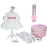Set botez fete, trusou complet echipat, lumanare, rochie, botosei, bentita, model Balerina Alice, roz pudrat, REC3134