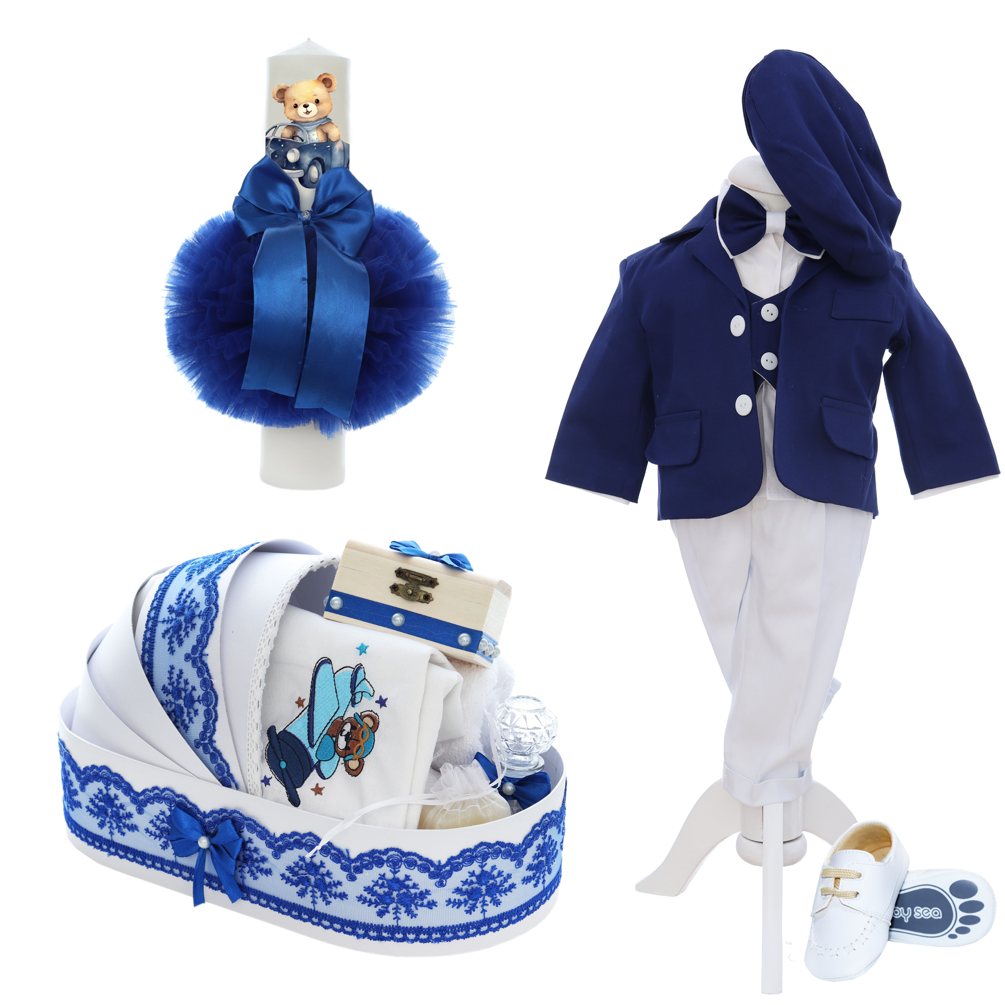 Set botez baieti personalizat cu Ursulet, culoare Albastru Electric, Costum, Trusou si Lumanare, 15 piese, Recostore®, REC3239, 1-3 luni