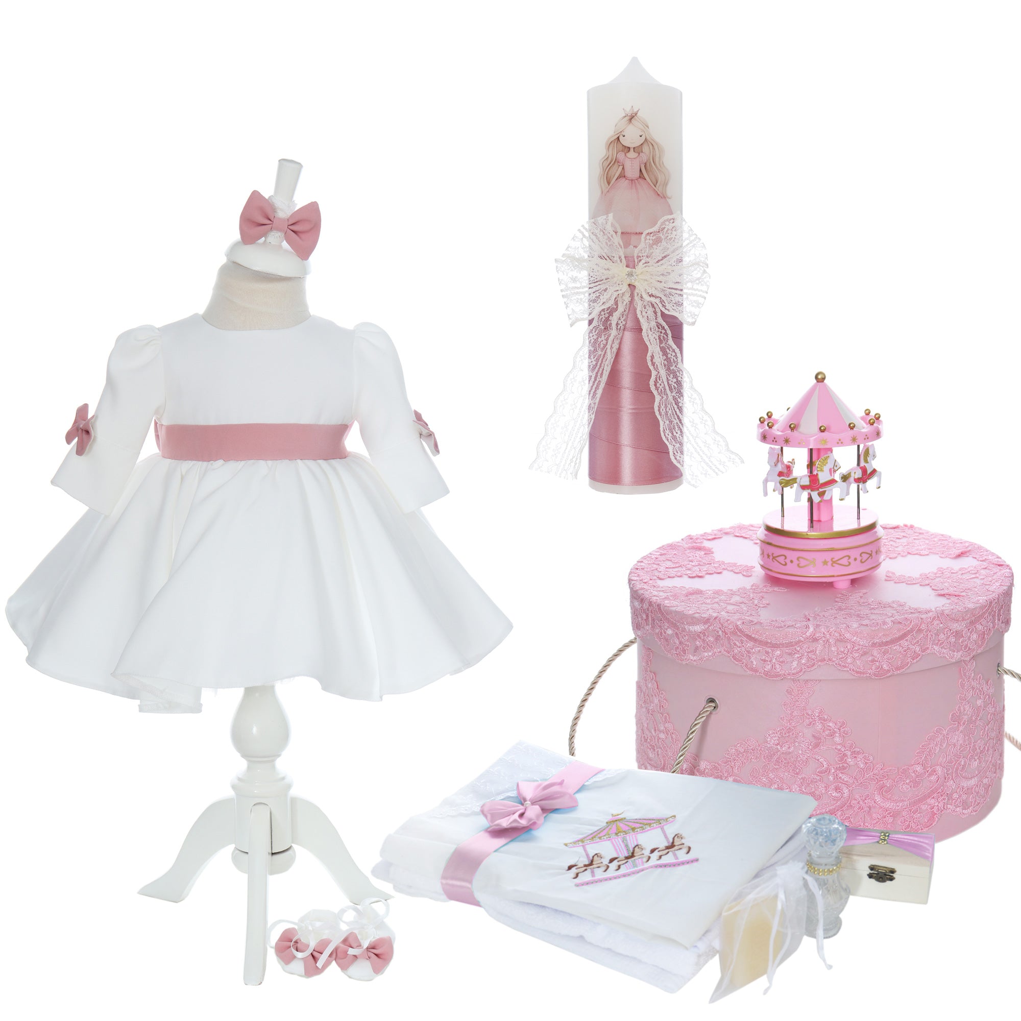 Set botez fata, trusou complet echipat, lumanare printesa, rochie, bentita, botosei, roz pudrat, model Carusel Sofia, REC3144