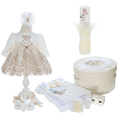 Set botez fete, model Lebada Anais, trusou, rochita si lumanare, culoare ivoire-crem, REC3149