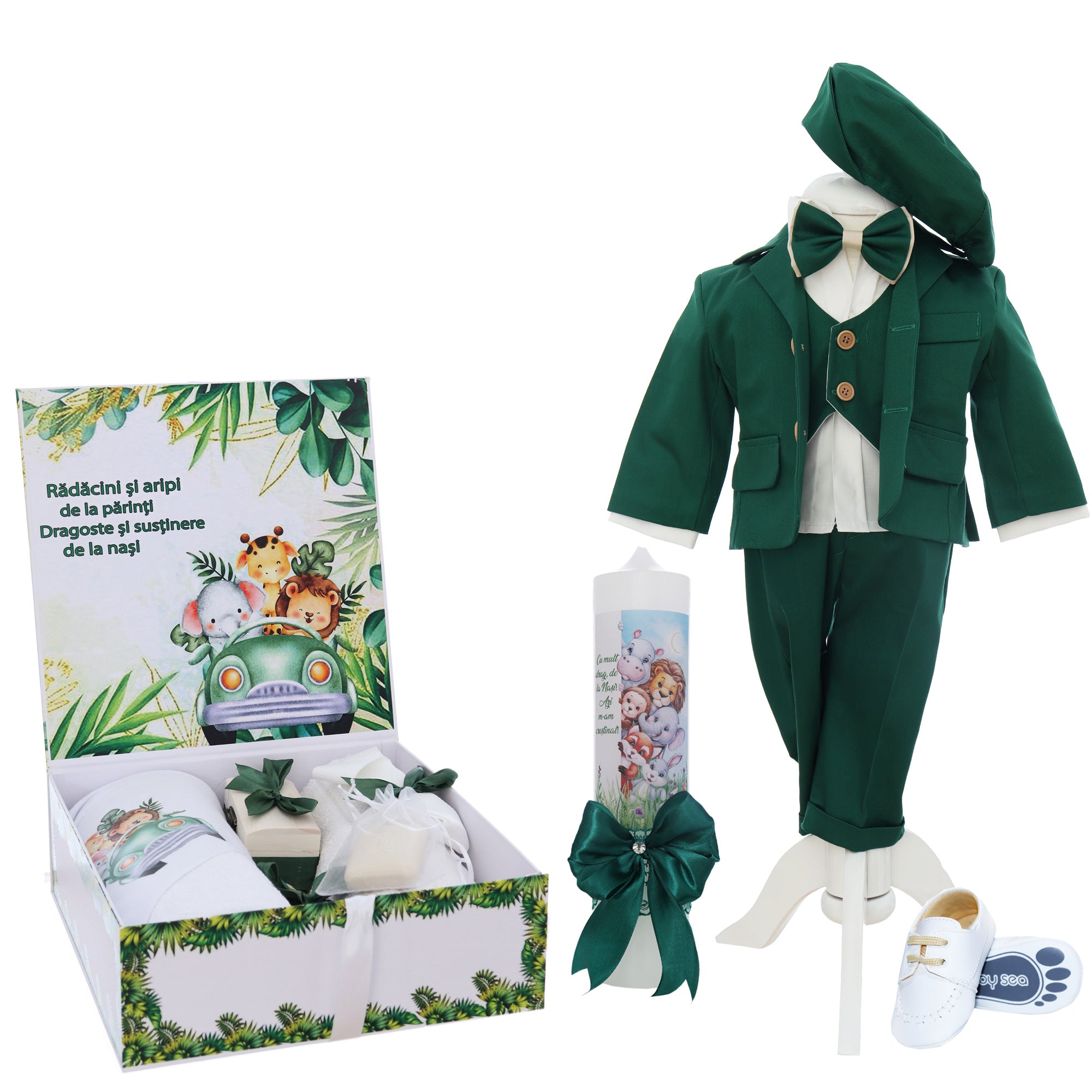 Set botez baieti cu Safari, culoare verde, costum, trusou si lumanare, REC3205