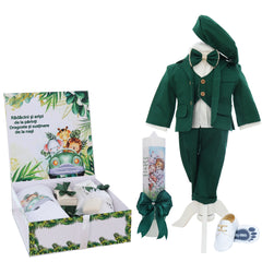 Set botez baieti cu Safari, culoare verde, costum, trusou si lumanare, REC3205