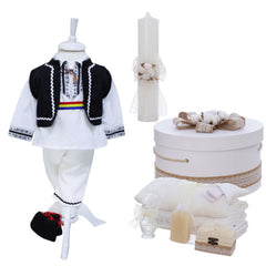 Set botez baieti, Model traditional cu flori de bumbac, Culoare alb-negru, Trusou, Costum popular Ardelenesc si Lumanare, 15 piese, Recostore®, REC3254