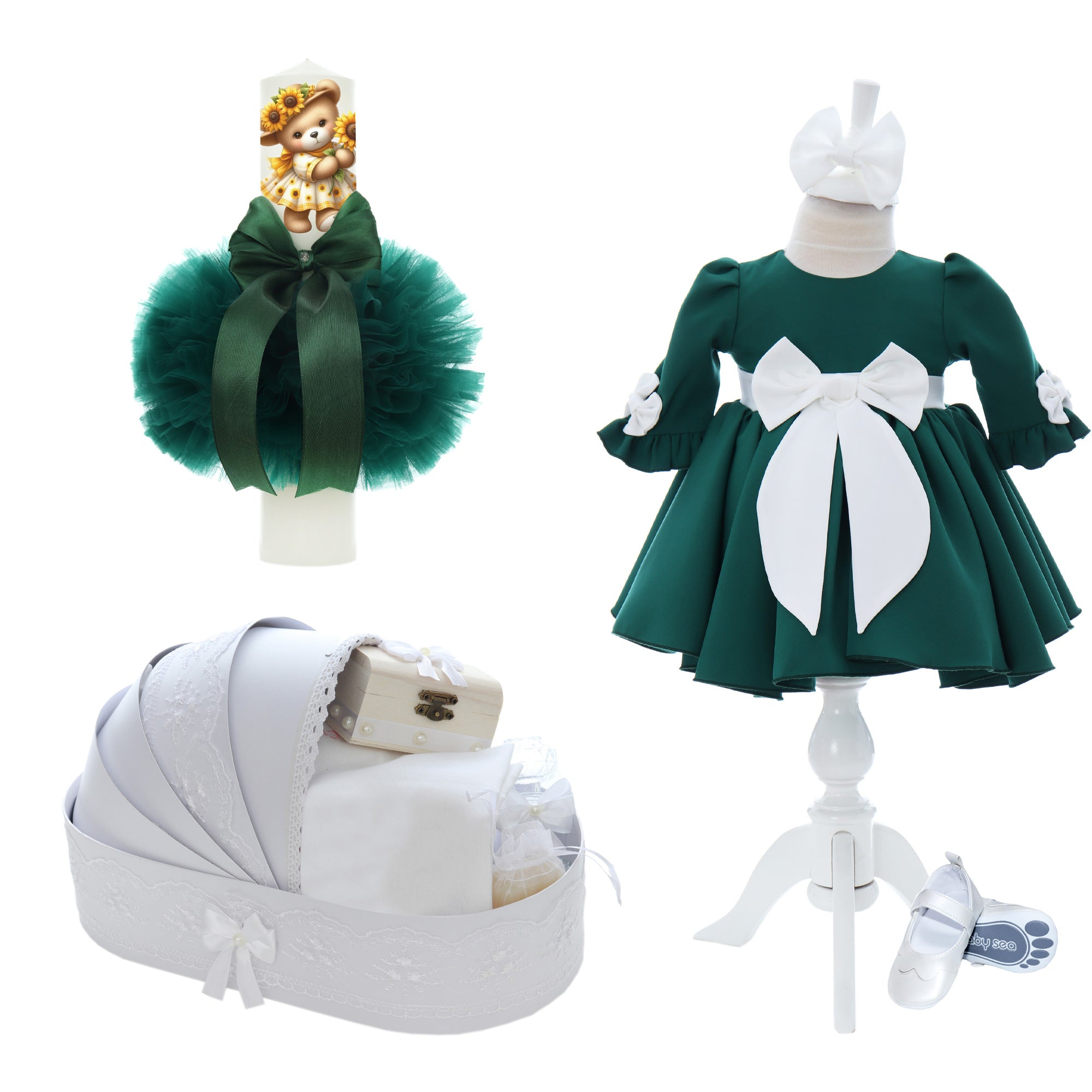 Set complet botez fete, model cu Ursulet, Culoare Verde, Trusou, Rochie cu fundita si Lumanare, 12 piese, Recostore®, REC3242