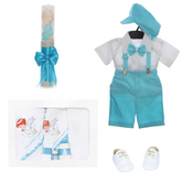 Trusou complet pentru botez de baieti personalizat cu ingeras, costum cu maneca scurta, pantofiori, lumanare si trusou, turcoaz, 12 piese, Recostore®, REC2724