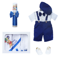 Trusou complet pentru botez de baieti personalizat cu Winnie The Pooh, costum cu maneca scurta, pantofiori, lumanare si trusou, albastru electric, 12 piese, Recostore®, REC2728