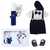 Trusou complet pentru botez de baieti personalizat cu ursulet, costum cu maneca scurta, pantofiori, lumanare si trusou, bleumarin, 13 piese, Recostore®, REC2730
