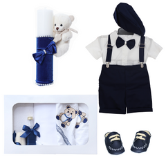 Trusou complet pentru botez de baieti personalizat cu ursulet, costum cu maneca scurta, pantofiori, lumanare si trusou, bleumarin, 13 piese, Recostore®, REC2730