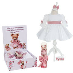 Trusou personalizat cu Ursulet, culoare roz pudrat, trusou, rochie, lumanare si accesorii, REC3206