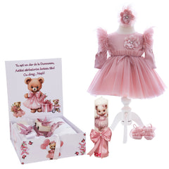Set botez personalizat cu Ursulet, culoare roz pudrat, trusou, rochie si lumanare, REC3216