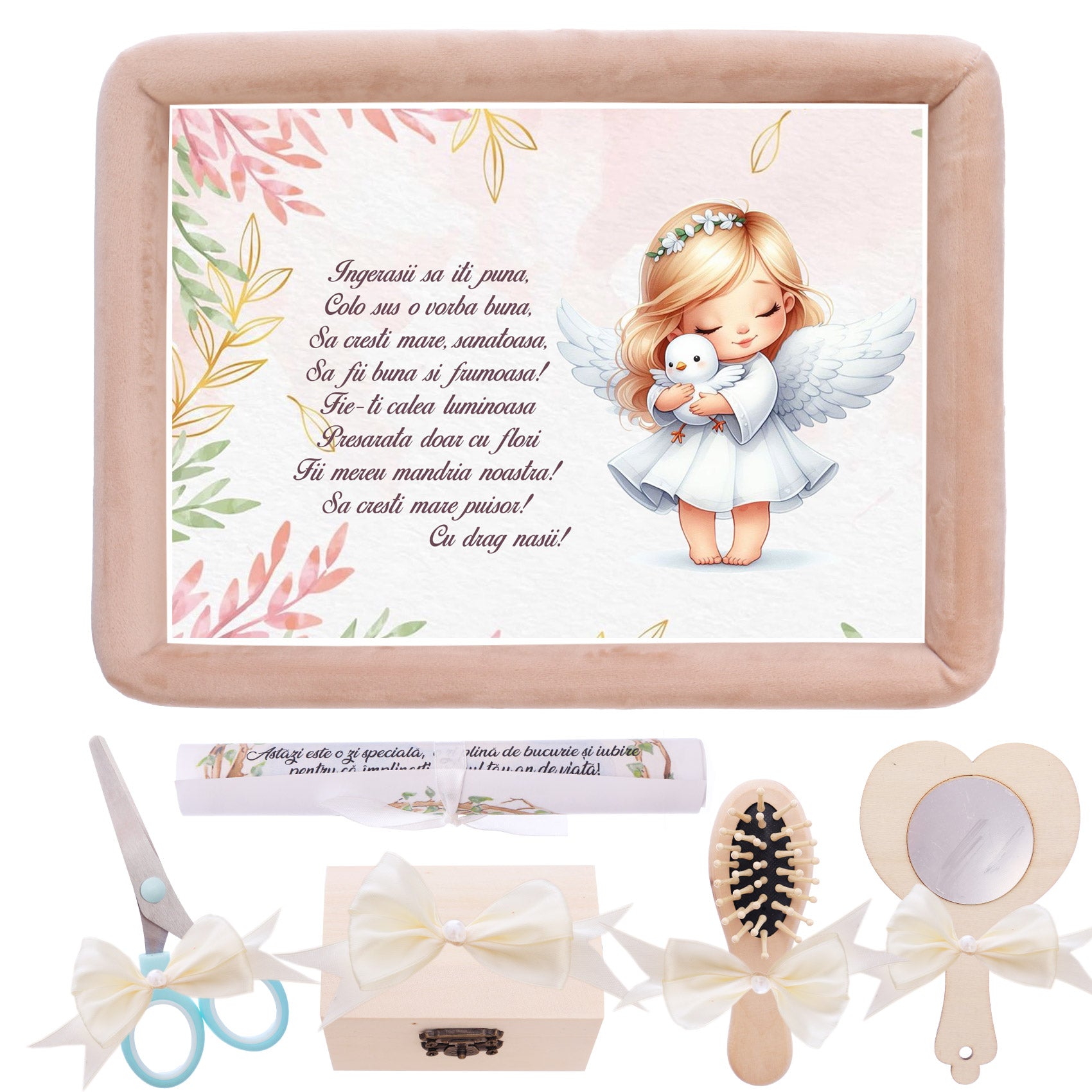 Tava mot aniversare 1 an la fete, ingeras, catifea crem, 7 piese, 34x25 cm, REC5011/12