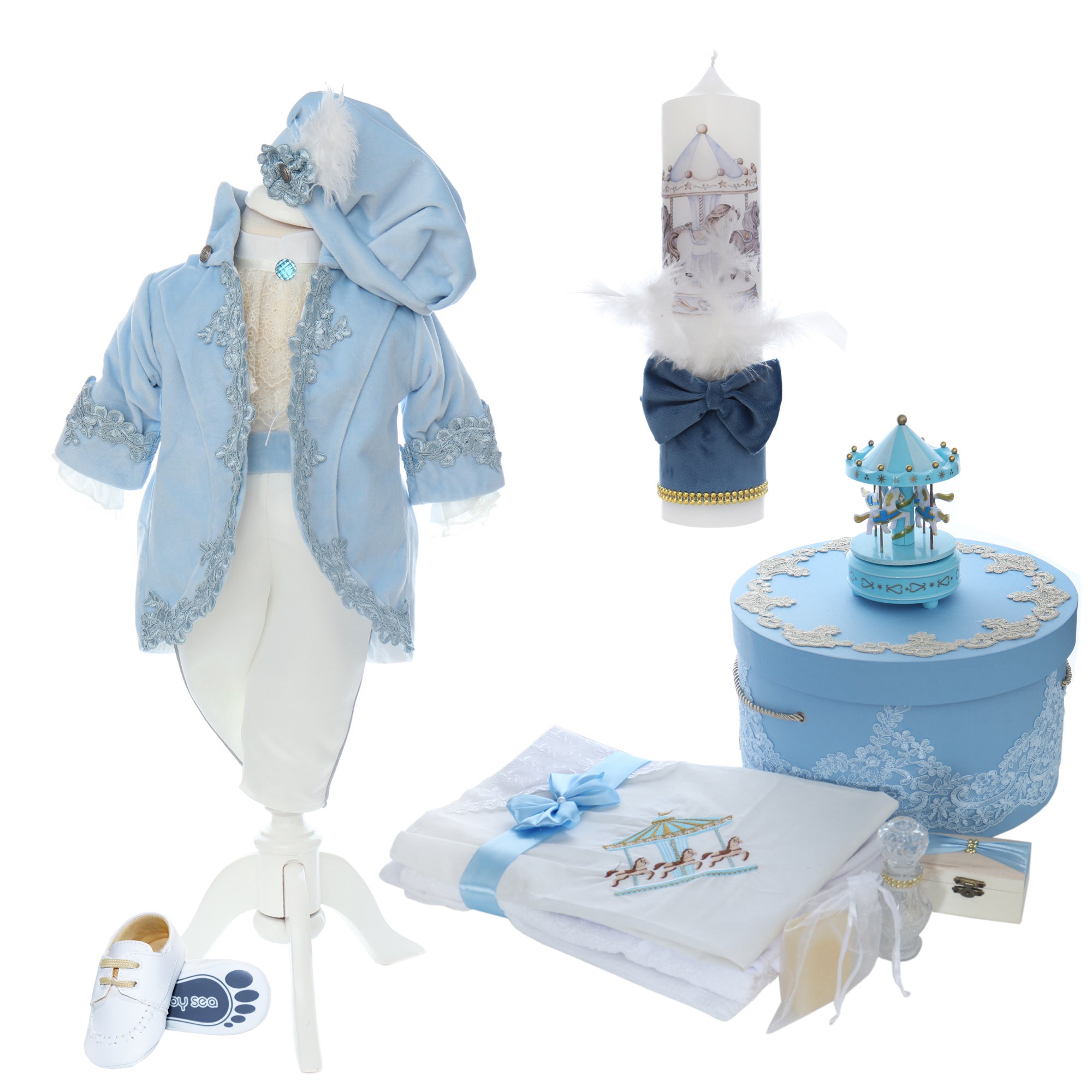 Trusou botez baiat, complet echipat, model Carusel Iosif, bleu, REC3139