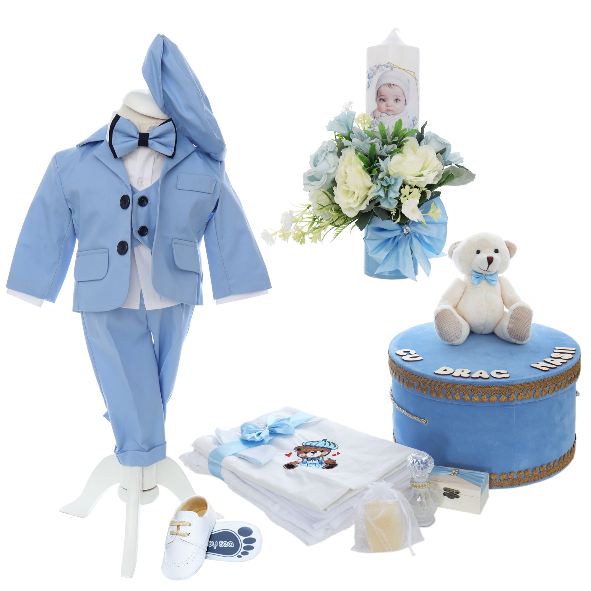 Set botez Stefan, complet echipat, costum, trusou si lumanare, model Ursulet, bleu, REC3151