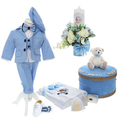 Set botez Stefan, complet echipat, costum, trusou si lumanare, model Ursulet, bleu, REC3151