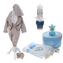Set complet botez baiat, crem-bleu, model Carusel Aris, REC3143