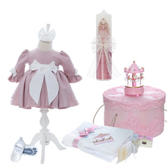 Set botez fete, model printesa si carusel, trusou, rochita, pantofiori si lumanare, culoare roz pudrat, Aisha, REC3163