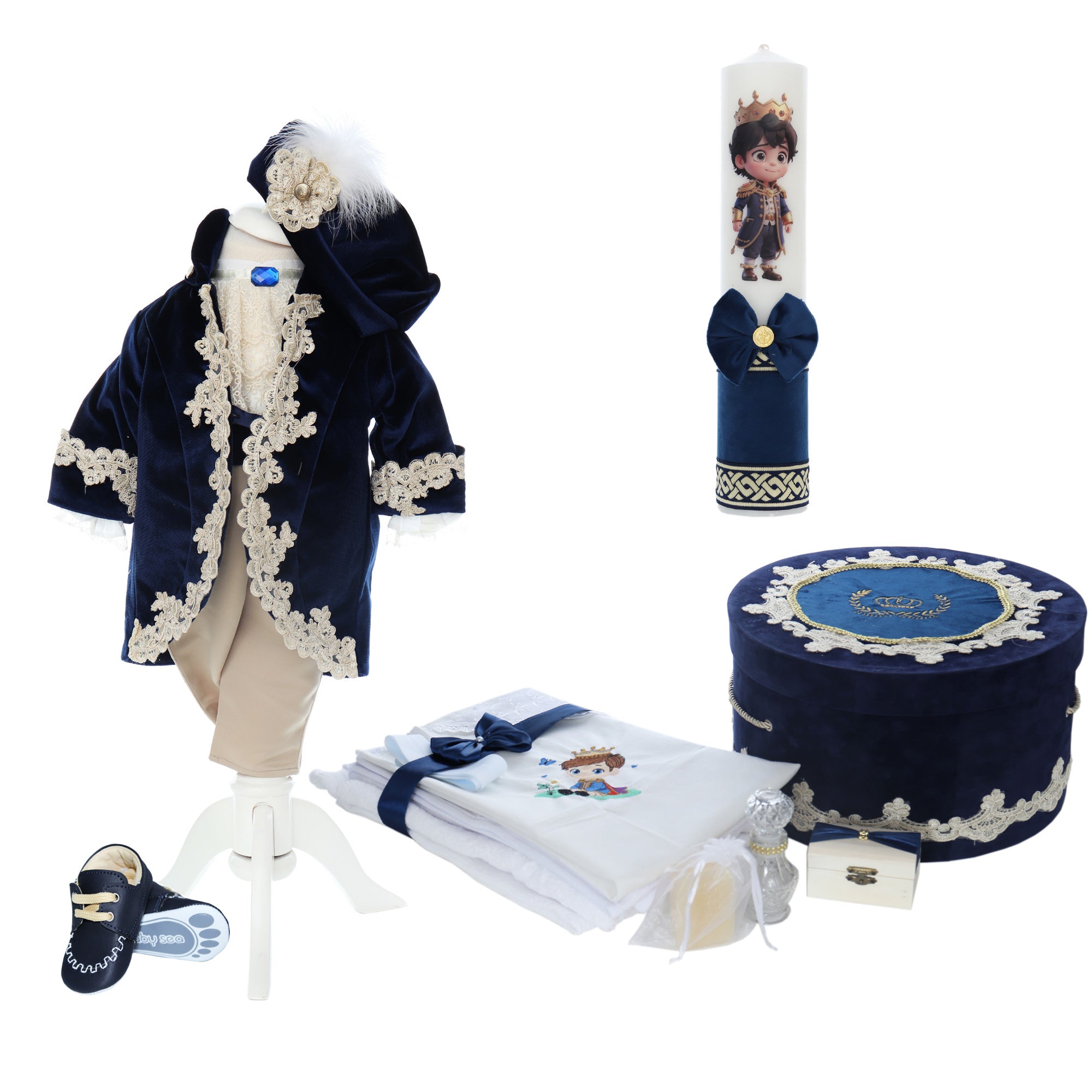 Set botez baieti, culoare bleumarin, model print Joseph, REC3157