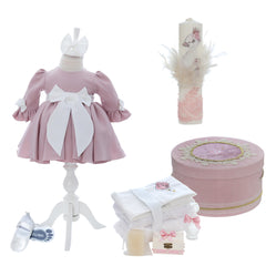Set botez fata, model Lebada Maia, trusou, rochita si lumanare, culoare roz pudrat, REC3159