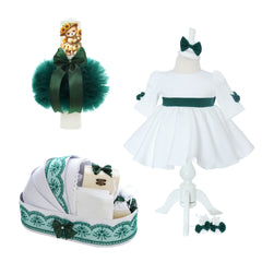 Trusou botez fete, model cu Ursulet, culoare Verde, Trusou, Rochie cu fundita si Lumanare, REC3243