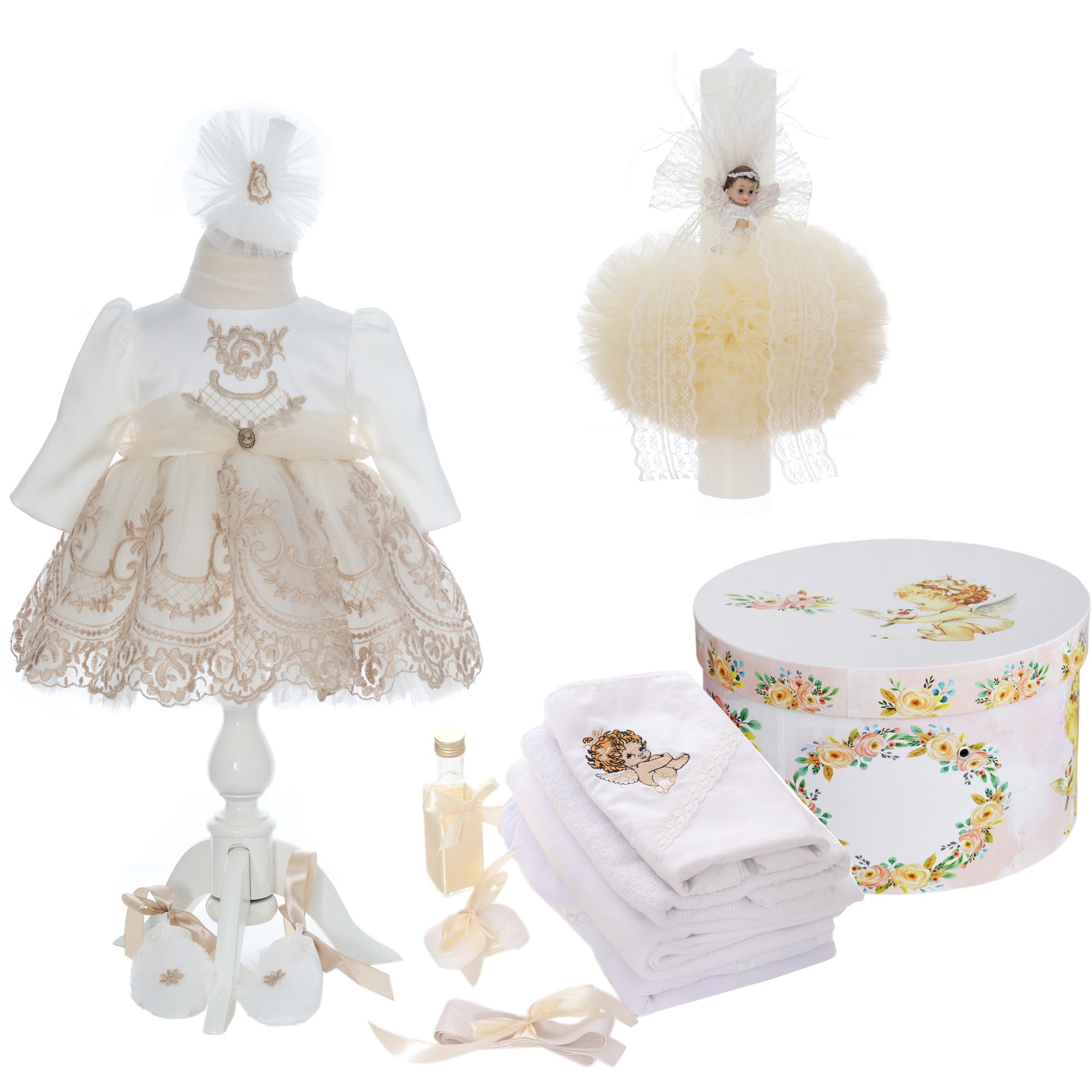 Trusou botez fata, culoare ivoire-crem, model ingeras Carolyn, trusou, rochita, lumanare si pantofiori, REC3164