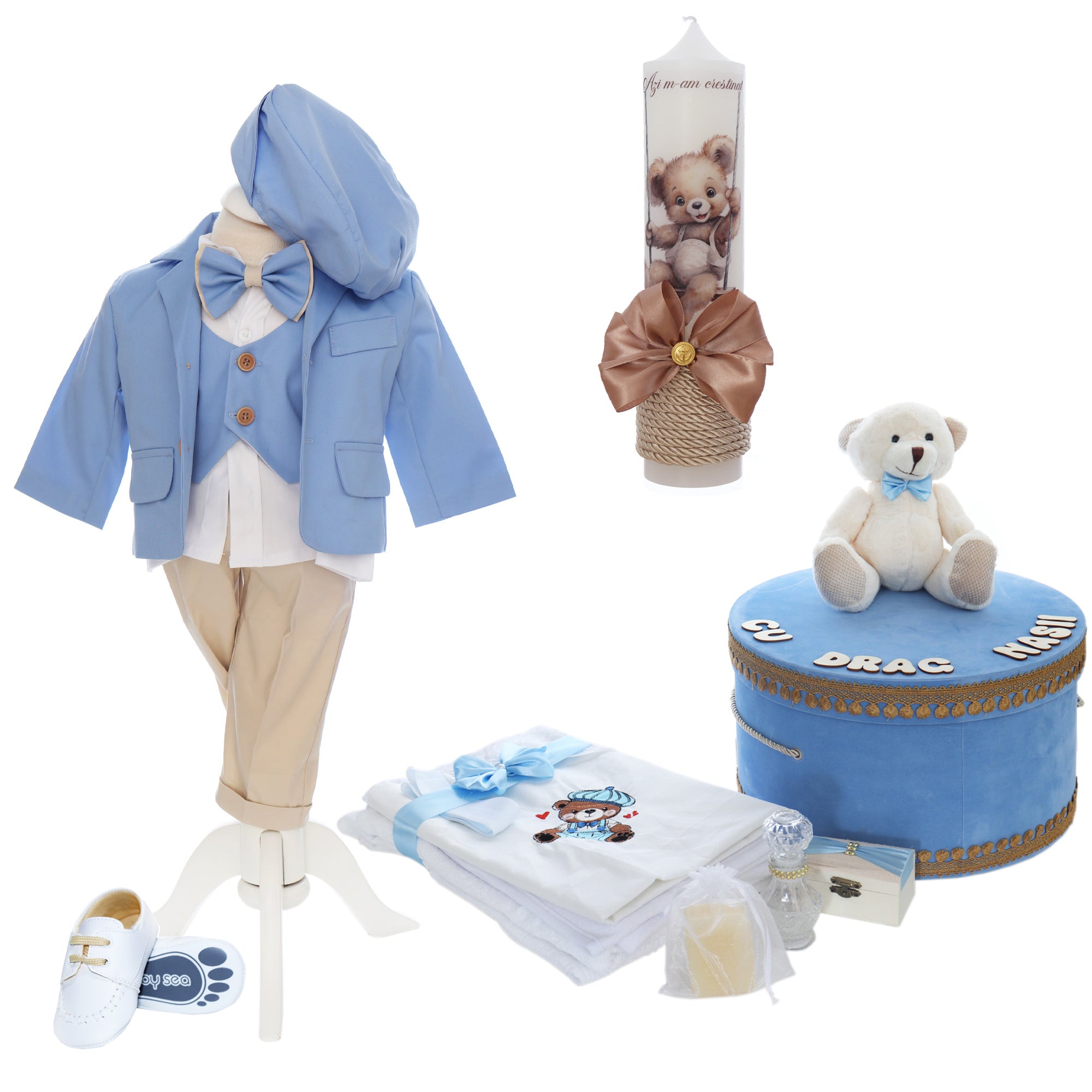 Trusou botez baieti cu ursulet Matthew, culoare bleu, Matthew, REC3172