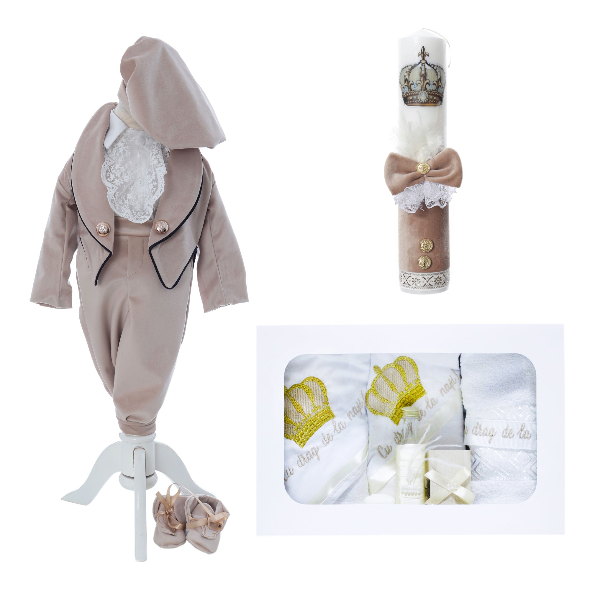Set botez baieti coroana de print, culoare crem, costum, trusou si lumanare, REC3175