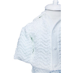 Compleu alb tricotat, 3 piese, bluza, pantaloni, caciulita, pentru bebelusi, REC1208