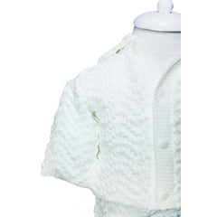 Compleu ivoire tricotat, 3 piese, bluza, pantaloni, caciulita, pentru bebelusi REC1209