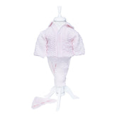 Compleu roz deschis tricotat, 3 piese, bluza, pantaloni, caciulita, pentru bebelusi, REC1207