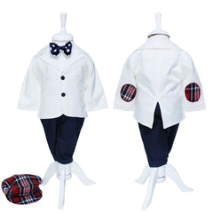 Costum alb-bleumarin pentru botez, 5 piese, camasa, papion, pantaloni cu bretele, sacou, bascuta pentru baieti, REC1139