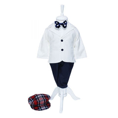 Costum alb-bleumarin pentru botez, 5 piese, camasa, papion, pantaloni cu bretele, sacou, bascuta pentru baieti, REC1139