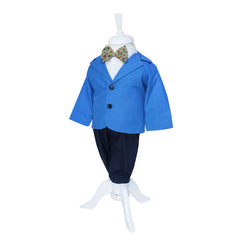 Costum Albastru-bleumarin pentru botez, 5 piese, camasa, papion, pantaloni cu bretele, sacou, bascuta pentru baieti, REC1146
