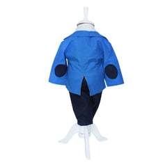 Costum Albastru-bleumarin pentru botez, 5 piese, camasa, papion, pantaloni cu bretele, sacou, bascuta pentru baieti, REC1146