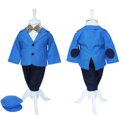 Costum Albastru-bleumarin pentru botez, 5 piese, camasa, papion, pantaloni cu bretele, sacou, bascuta pentru baieti, REC1146